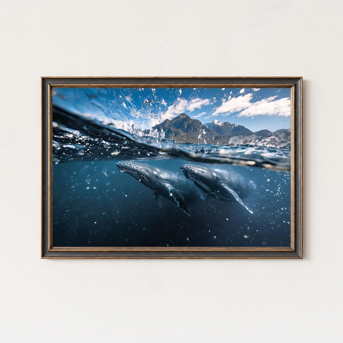 Humpback Whales Underwater Split Shot Ocean Mountain Photo Poster