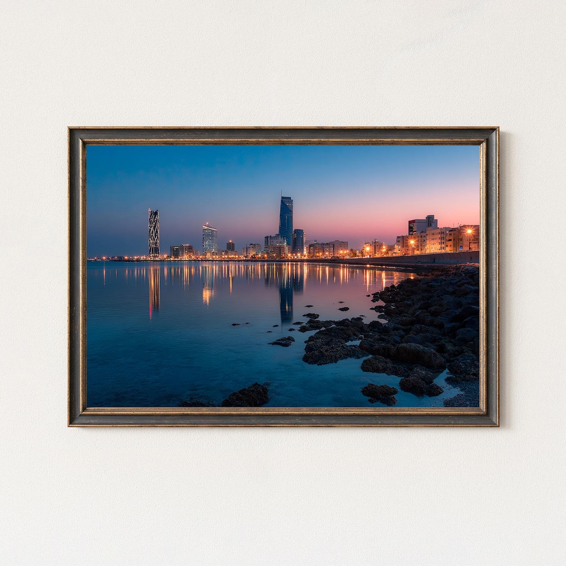 Waterfront City Skyline At Dusk Lights Reflecting On Calm Sea Poster