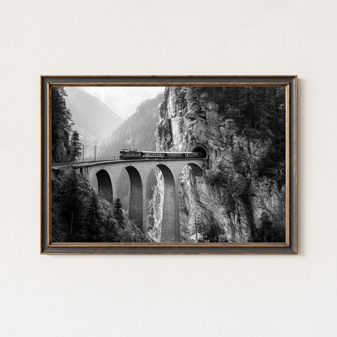 Landwasser Viaduct Misty Gorge Train Black and White Photo Poster