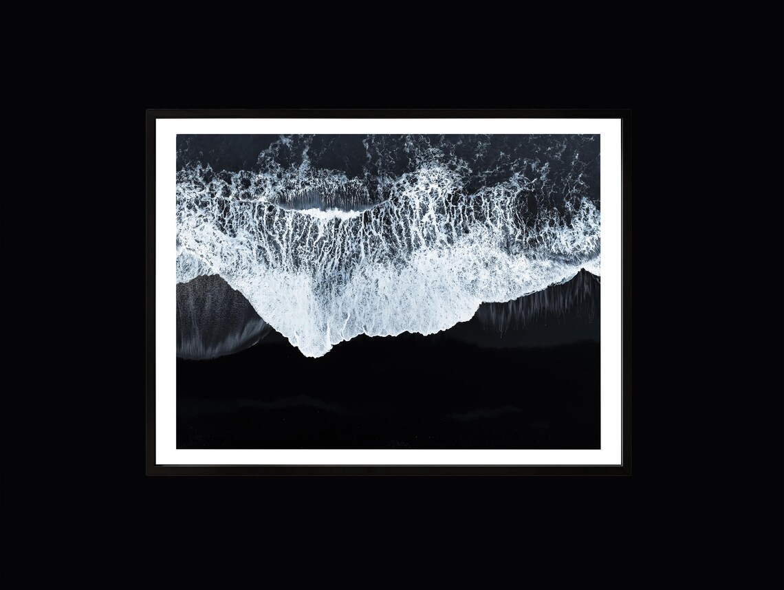 Iceland Black Sand Beach Abstract Ocean Wave Aerial Photography Print