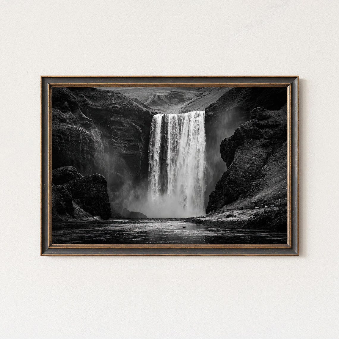 Misty Waterfall Between Dark Cliffs Black and White Photo Poster