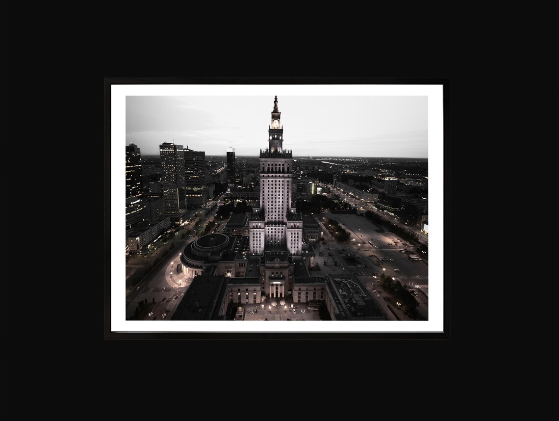 Warsaw Palace of Culture Night Black and White Cityscape Print