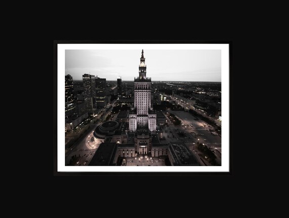 Warsaw Palace of Culture Night Black and White Cityscape Print