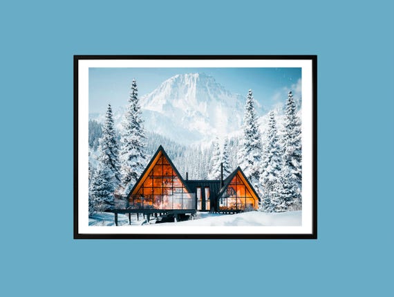 Winter Cabin Print Snowy Aframe Chalet Rustic Mountain Decor