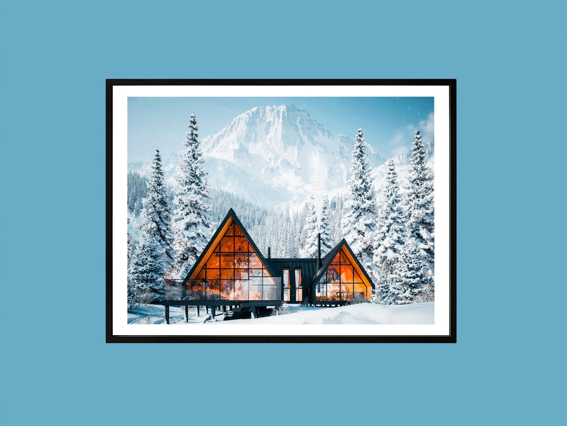 Snowy A Frame Cabin Mountain Winter Retreat Holiday Poster Artwork