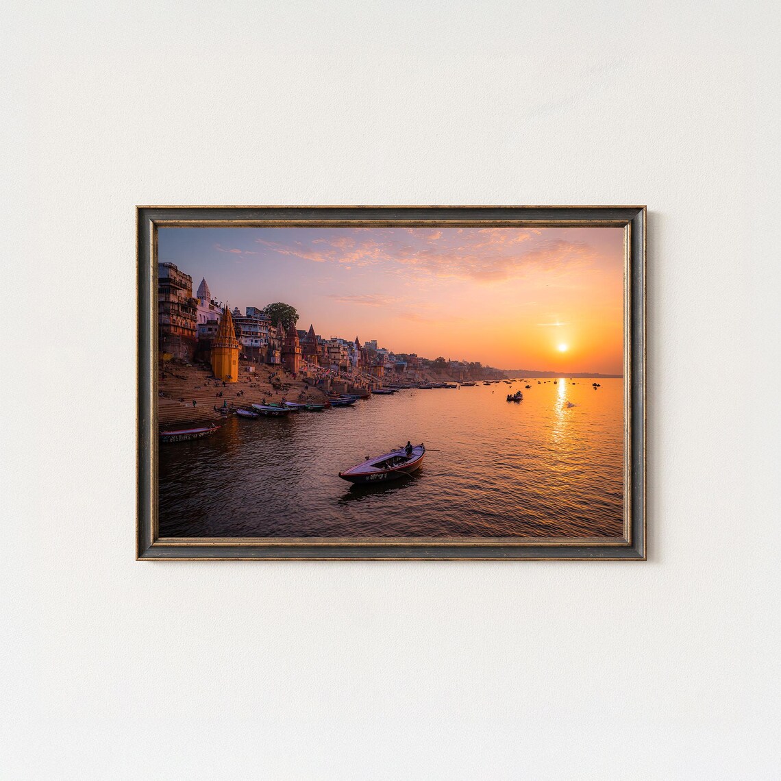 Varanasi Sunrise Over The Ganges River Boats And Ghats India Poster