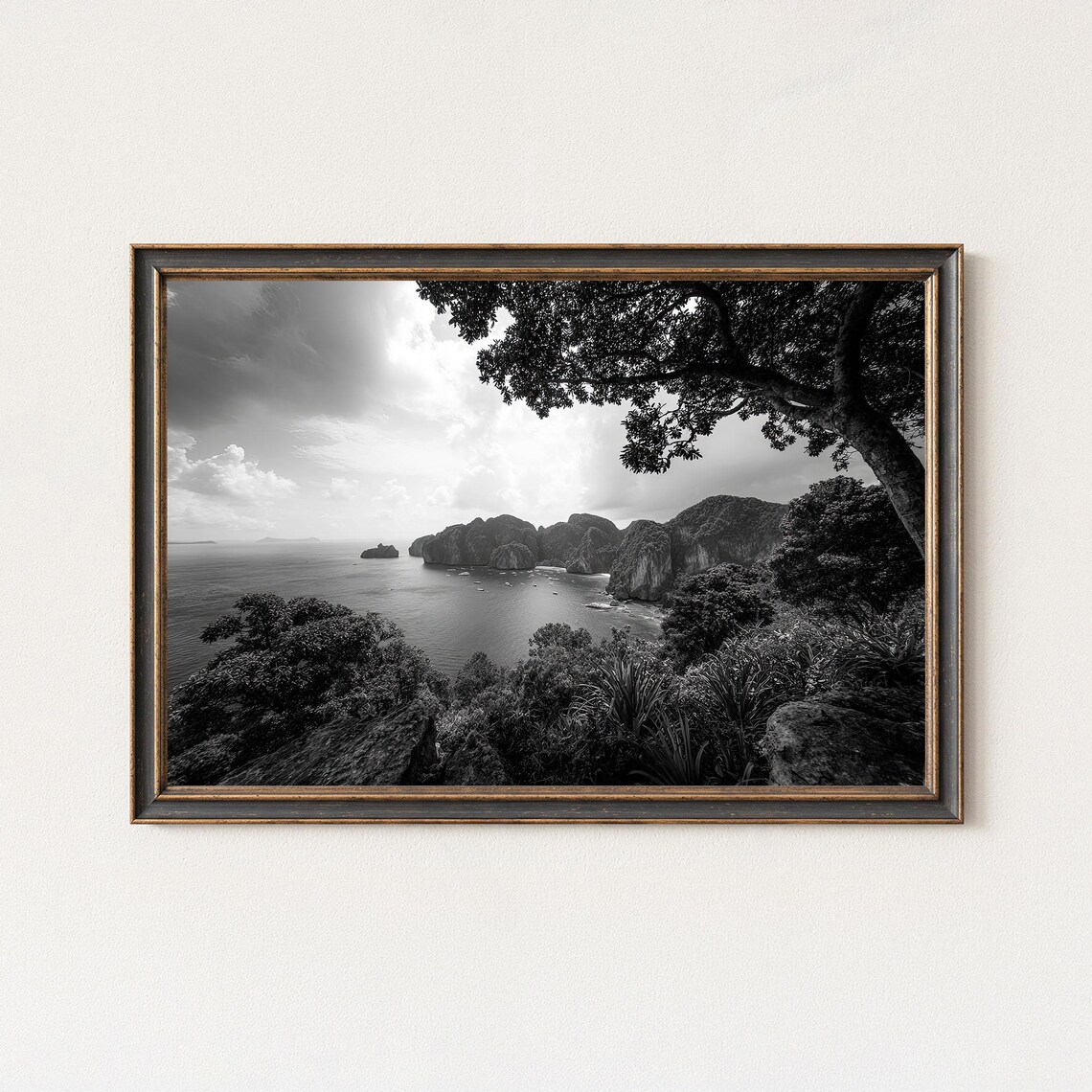 Limestone Cliffs Tropical Bay Black and White Photography Poster
