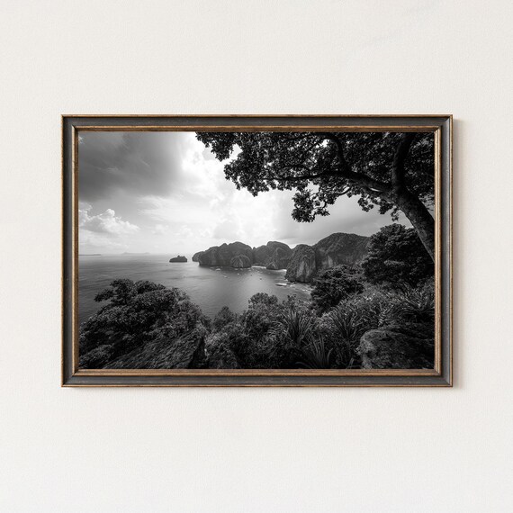 Limestone Cliffs Tropical Bay Black and White Photography Poster