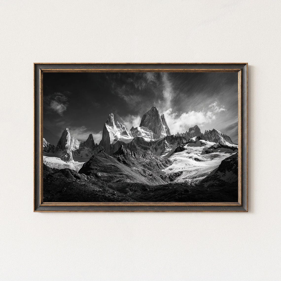 Mount Fitz Roy Glacier Peaks Dramatic Black White Mountain Poster