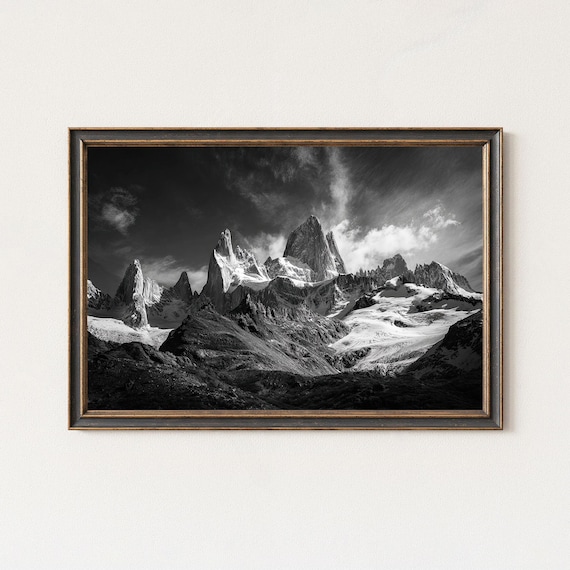 Mount Fitz Roy Glacier Peaks Dramatic Black White Mountain Poster
