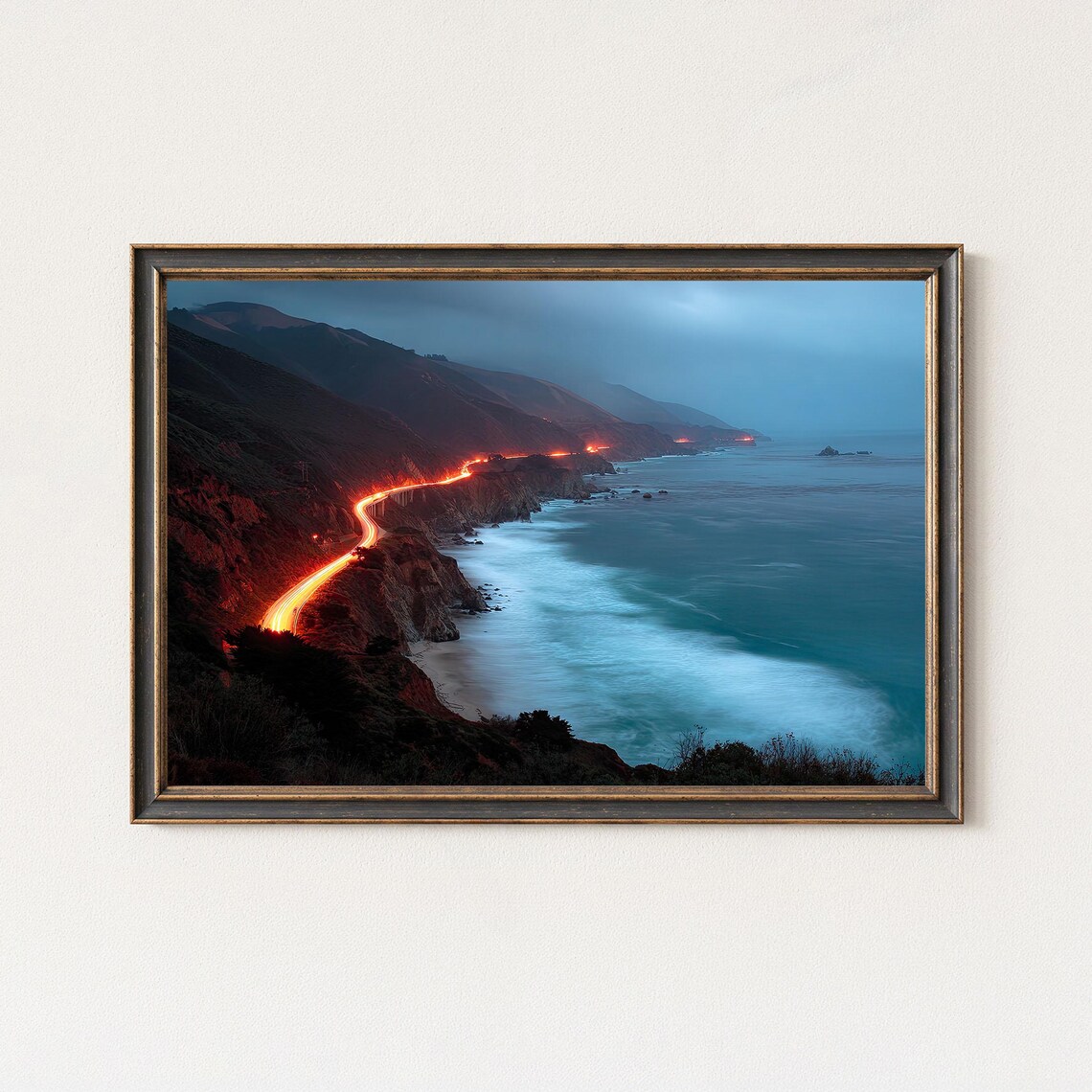 Coastal Cliff Highway Night Long Exposure Golden Light Trail Poster