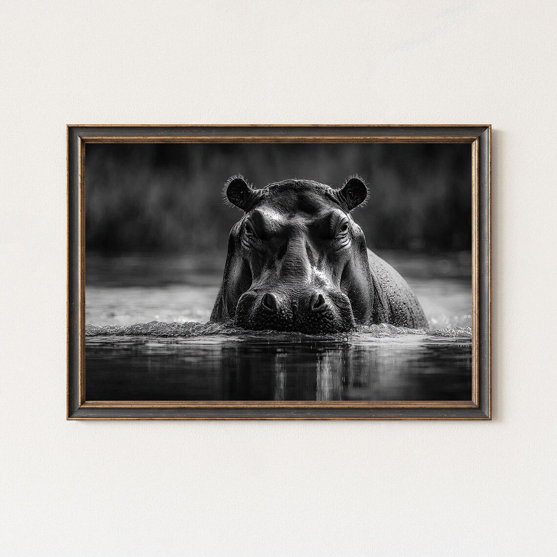 Black And White Hippo Wildlife Art Print Africa Decor
