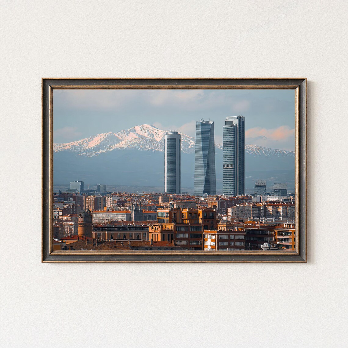 Madrid Skyline Four Towers Wall Art Snowy Mountains Cityscape Print Spain Decor