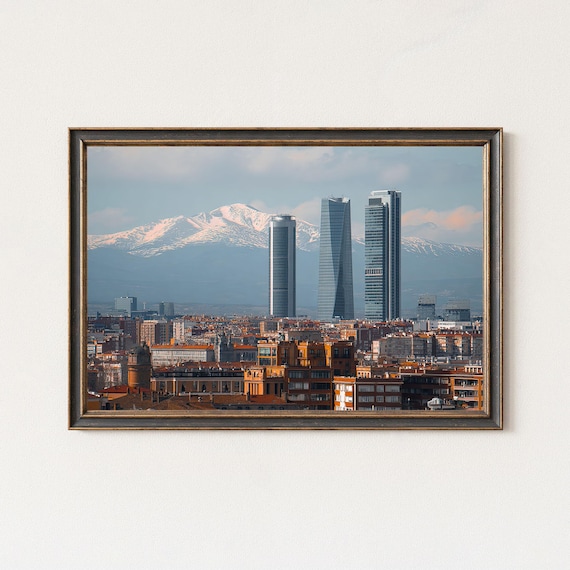 Madrid Skyline Four Towers Wall Art Snowy Mountains Cityscape Print Spain Decor