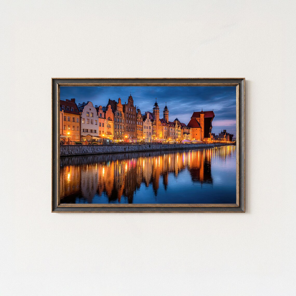 Gdansk Poland Waterfront Night Lights River Reflections Photo Poster