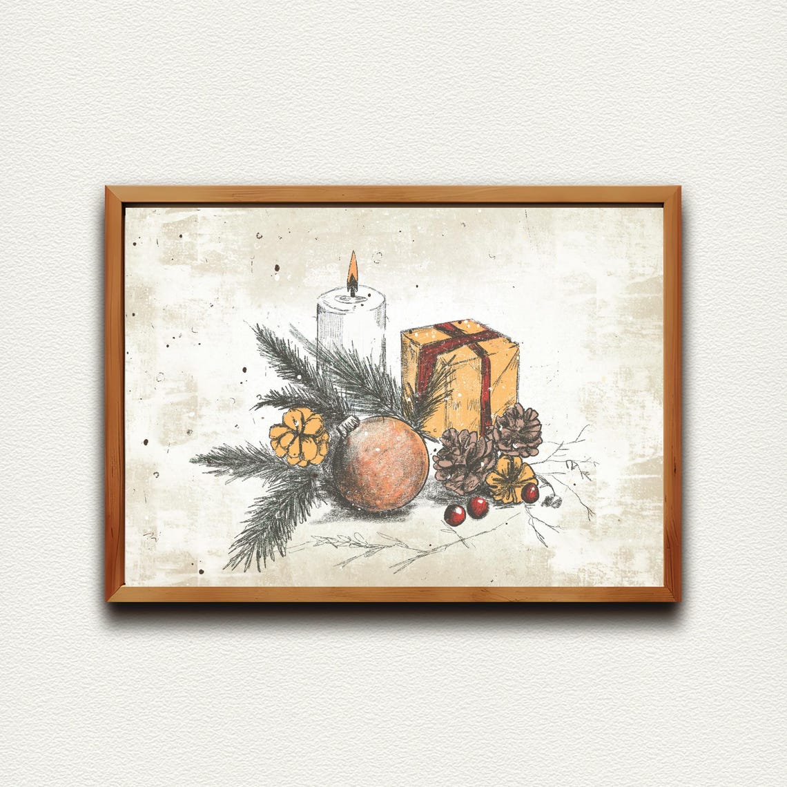 Lit Candle Gift Box Bauble Pinecones Rustic Christmas Art Poster - Image 4