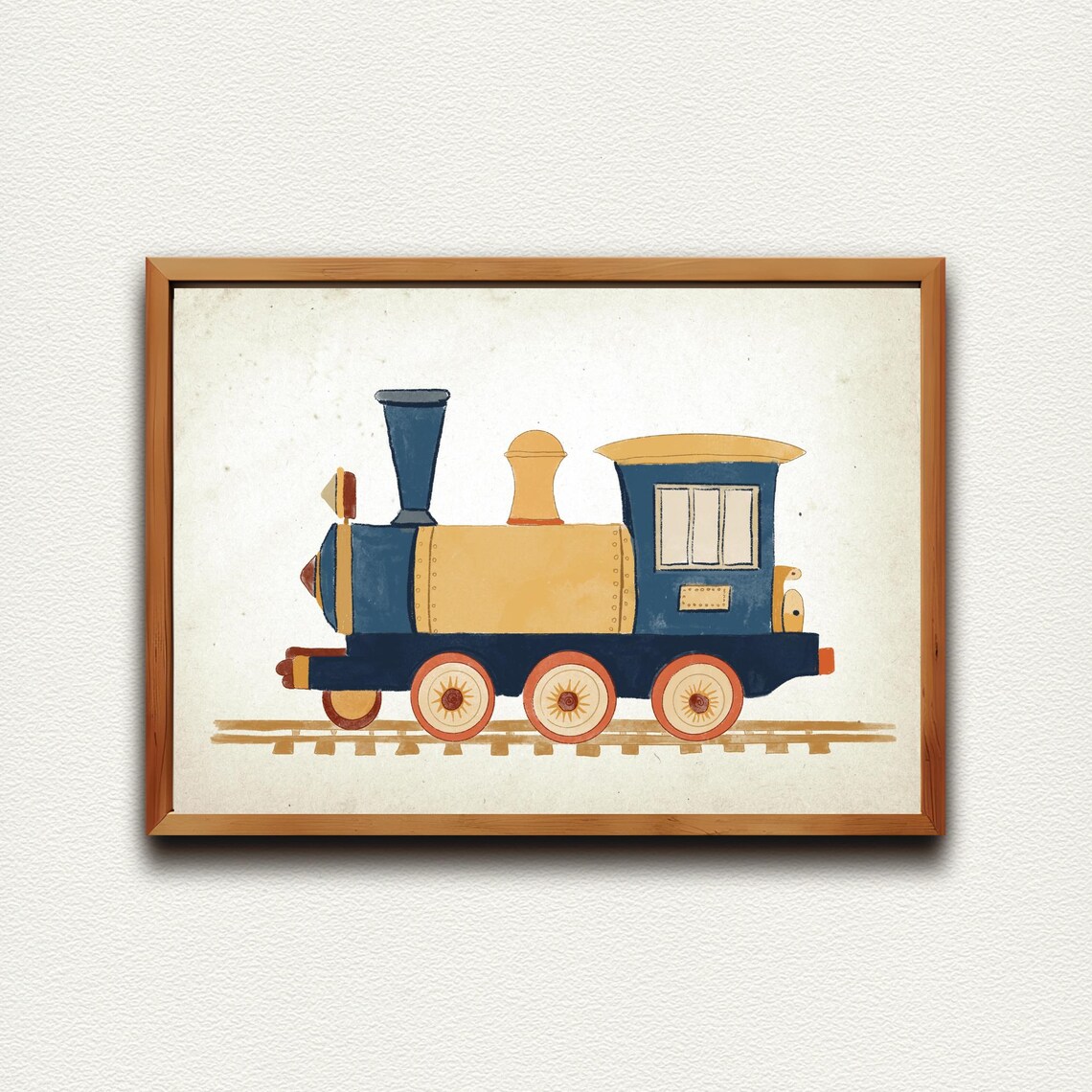Cute Navy Blue and Mustard Toy Train Watercolor Nursery Wall Art - Image 4