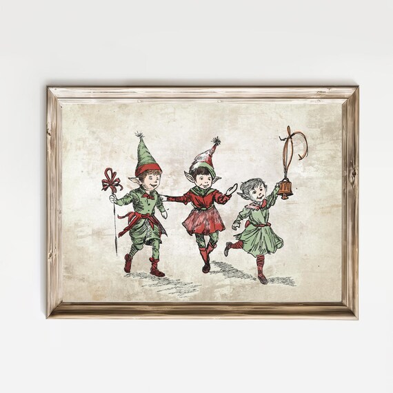Three Merry Christmas Elves Walking Together Vintage Holiday Poster