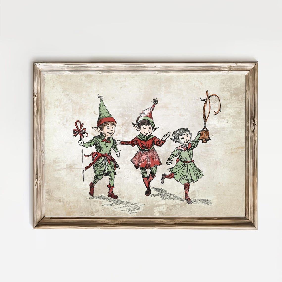 Three Merry Christmas Elves Walking Together Vintage Holiday Poster