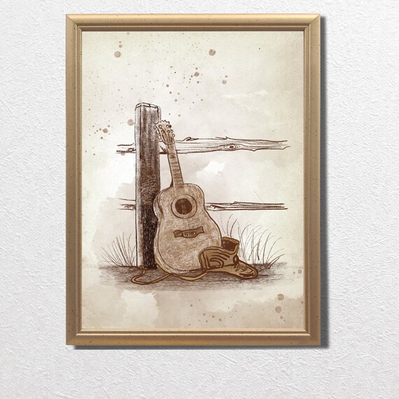 Acoustic Guitar Against Wooden Fence Sketch Country Western Poster
