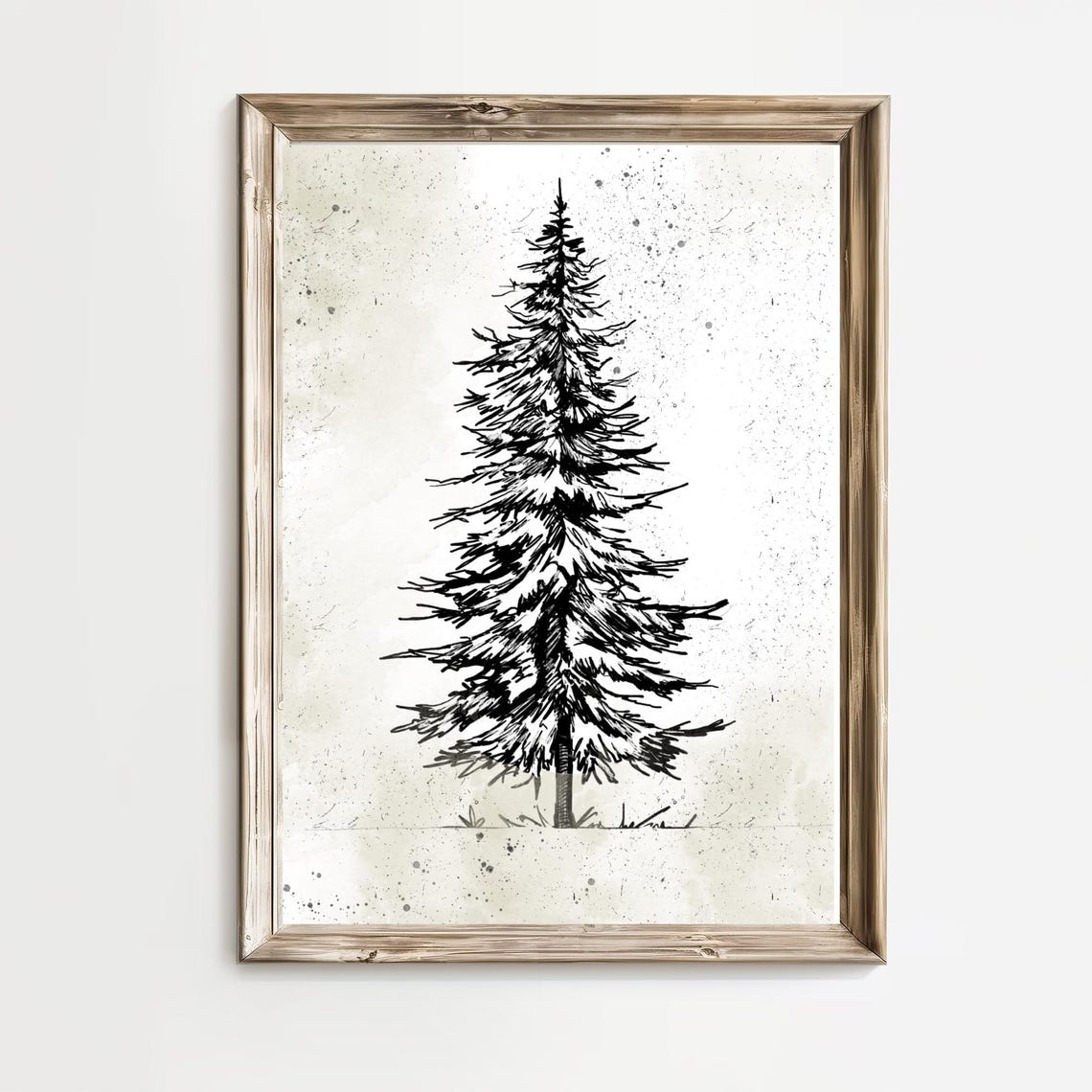 Tall Winter Pine Tree Black Ink Sketch Rustic Holiday Wall Art