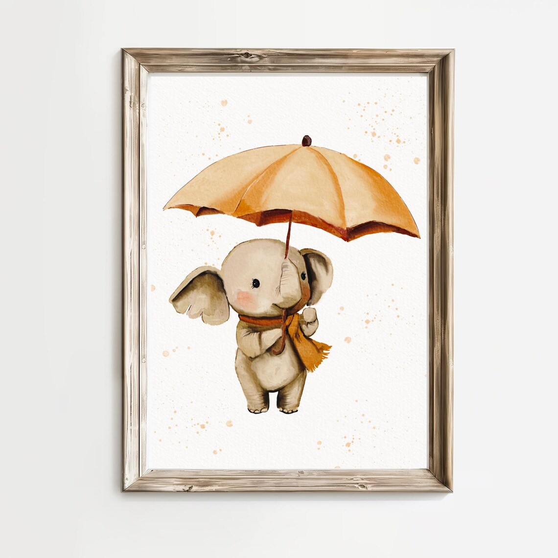 Baby Elephant Holding Golden Umbrella Orange Scarf Nursery Print