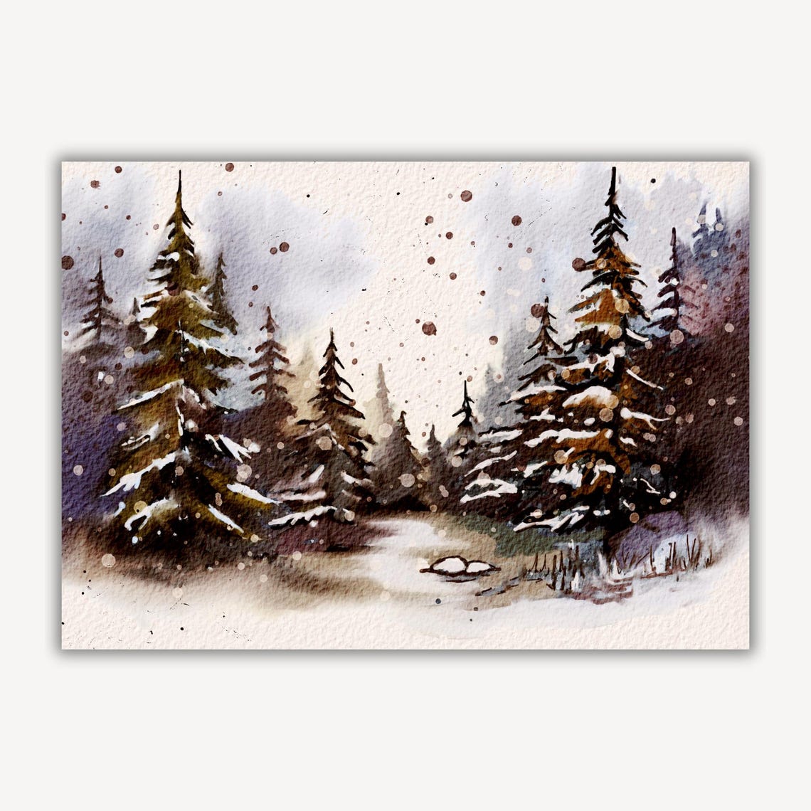 Snowy Evergreen Forest Brown Watercolor Winter Holiday Poster - Image 2