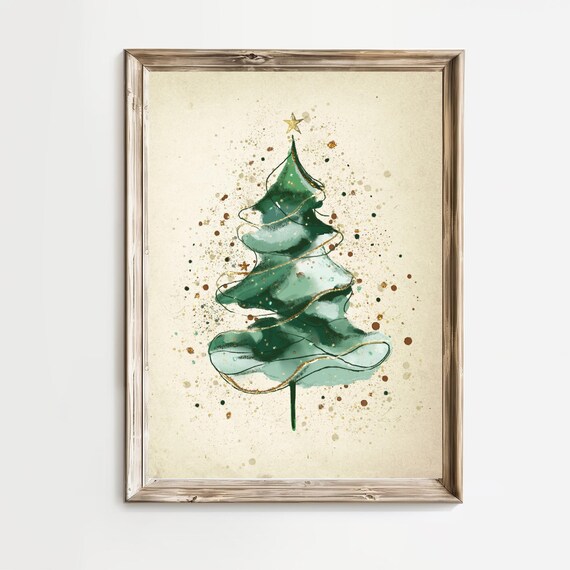Watercolor Green Christmas Tree with Gold Star Holiday Poster