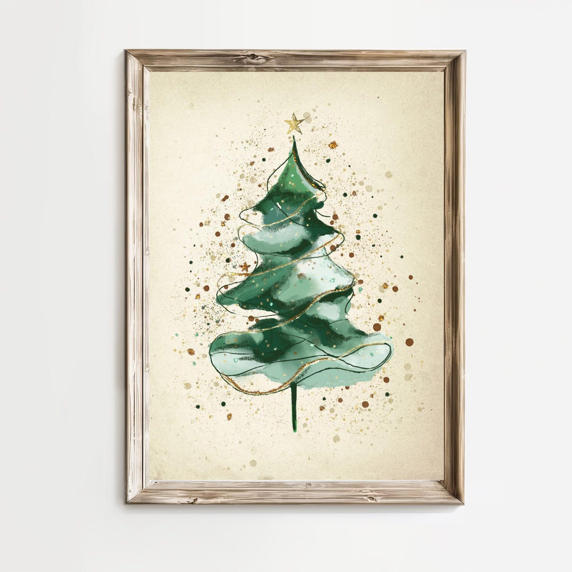 Watercolor Green Christmas Tree with Gold Star Holiday Poster