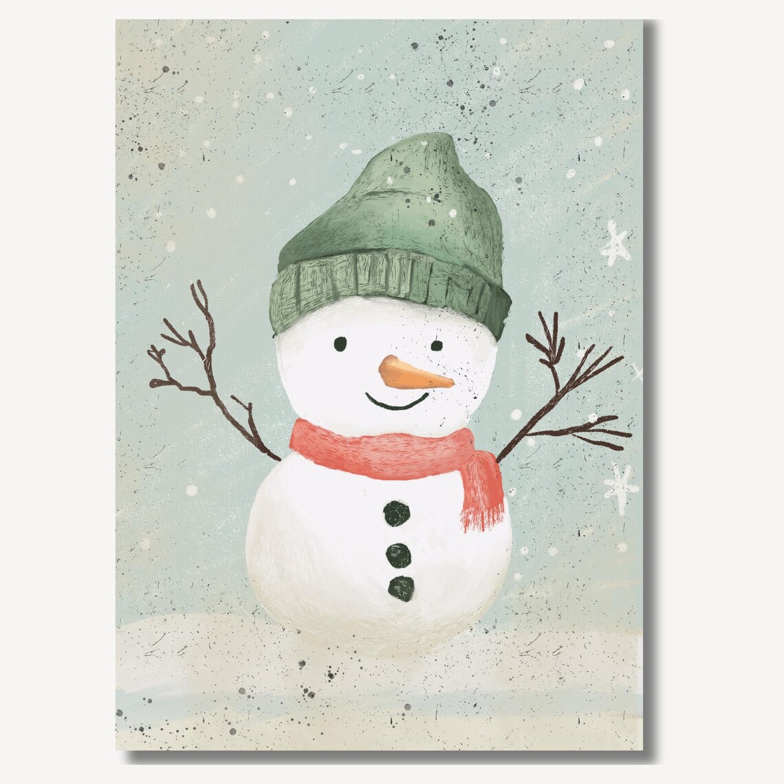 Snowman in Green Knit Cap and Coral Scarf Christmas Art Print - Image 2