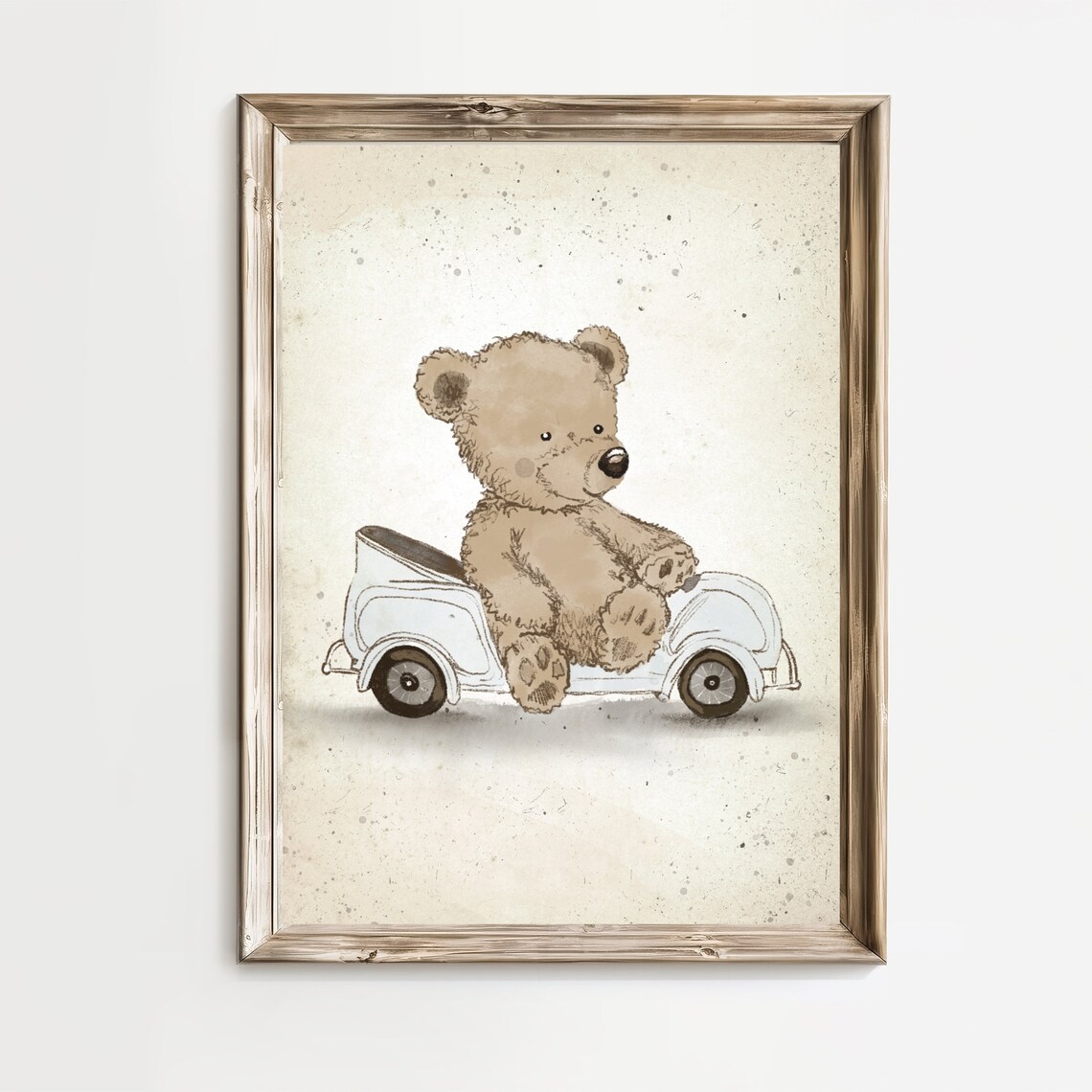 Teddy Bear In White Vintage Toy Car Sketch Nursery Room Poster