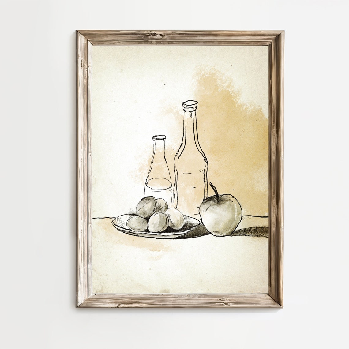 Vintage Still Life Sketch Bottles Plate Plums Apple Neutral Wall Art