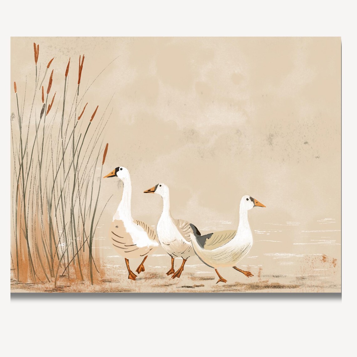 Three White Geese Waddling By Tall Reeds Neutral Toned Wall Art - Image 3