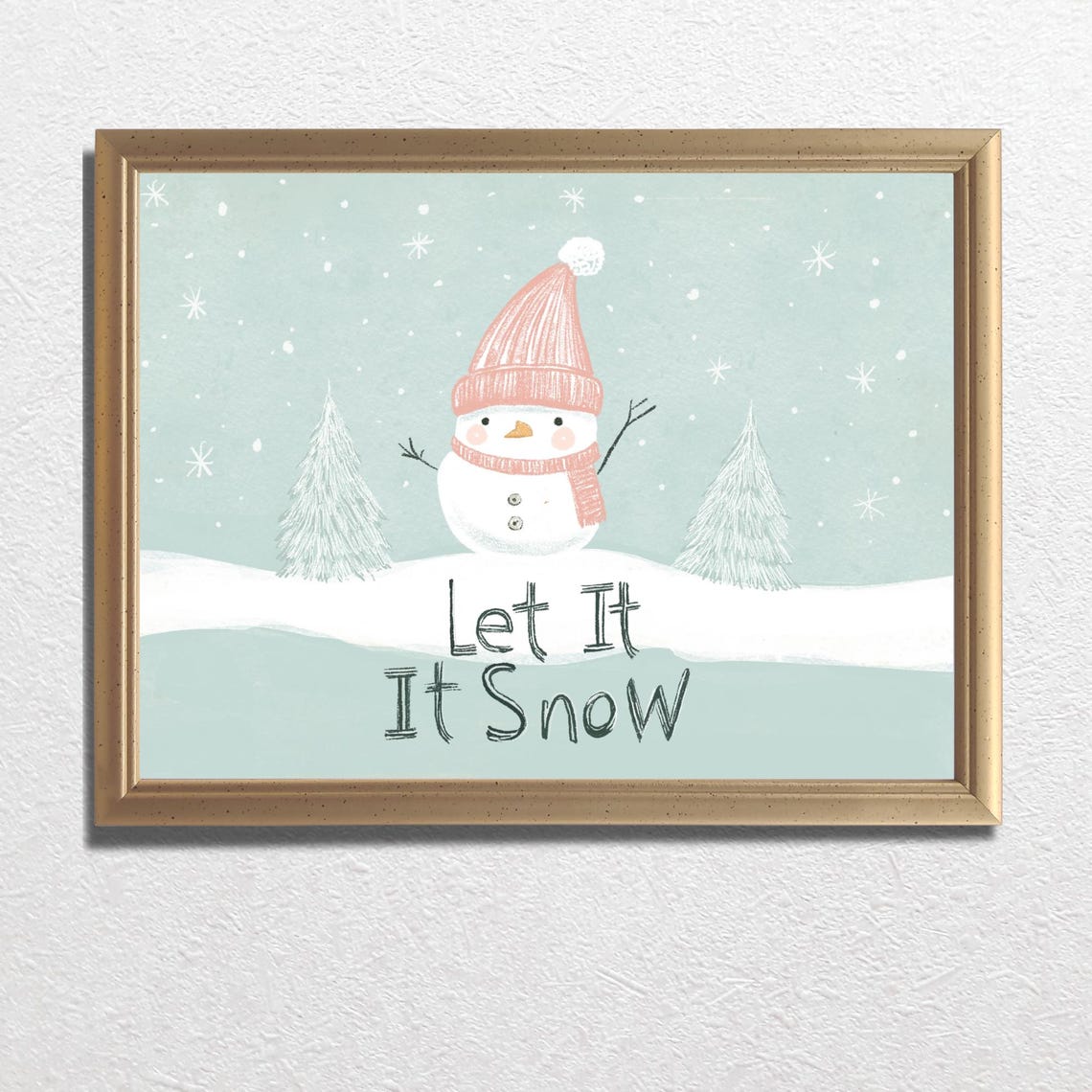 Let It Snow Snowman Pink Hat Winter Scene Kids Christmas Print - Image 3