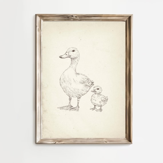 Mother Duck And Fluffy Duckling Pencil Sketch Nursery Poster
