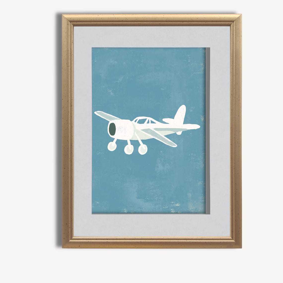 Vintage White Propeller Airplane Flying on Blue Nursery Poster - Image 2