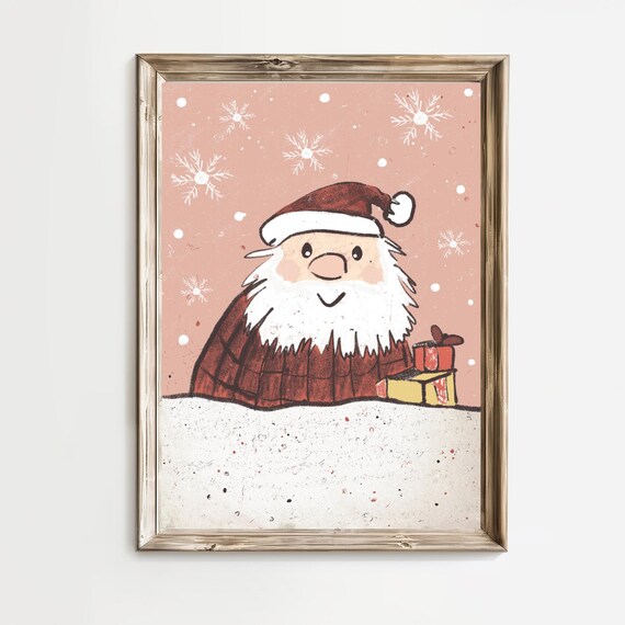 Smiling Santa With Gifts Snowy Hill Kids Christmas Nursery Poster