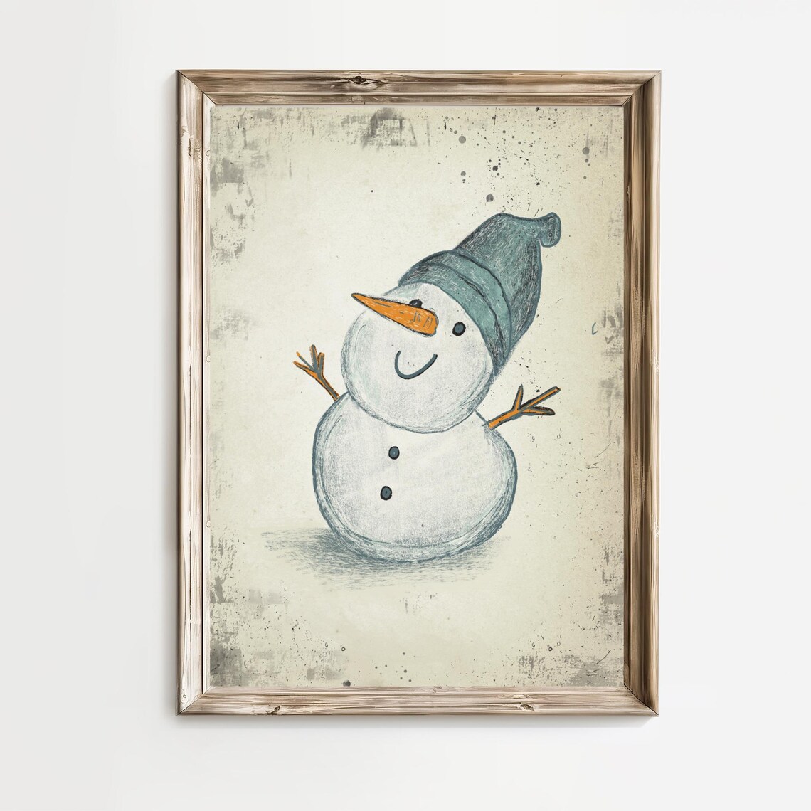 Smiling Snowman in Blue Nightcap Vintage Christmas Art Print