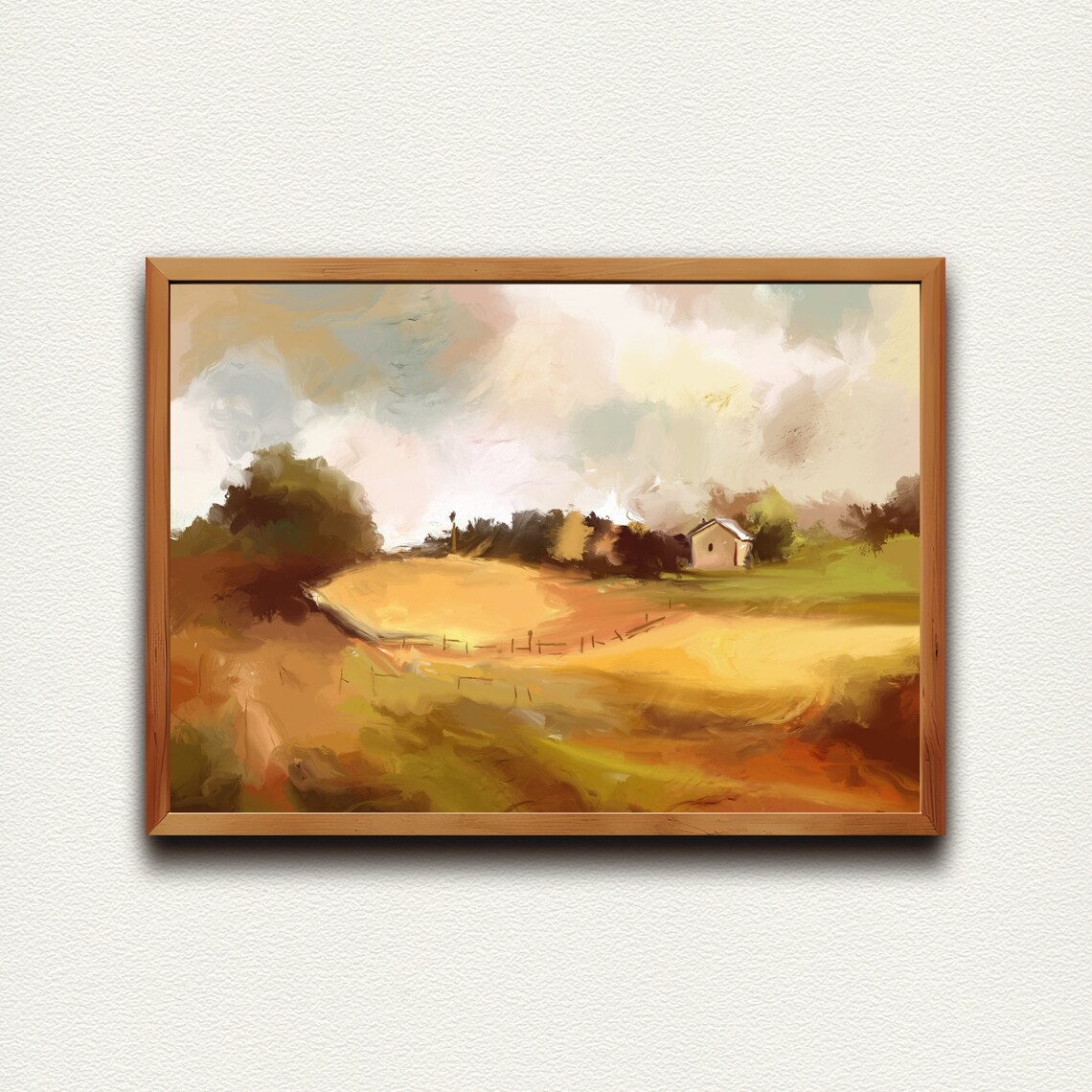 Golden Autumn Field With Farmhouse Rural Landscape Oil Painting Poster