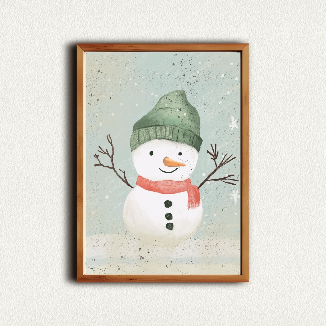 Snowman in Green Knit Cap and Coral Scarf Christmas Art Print - Image 4