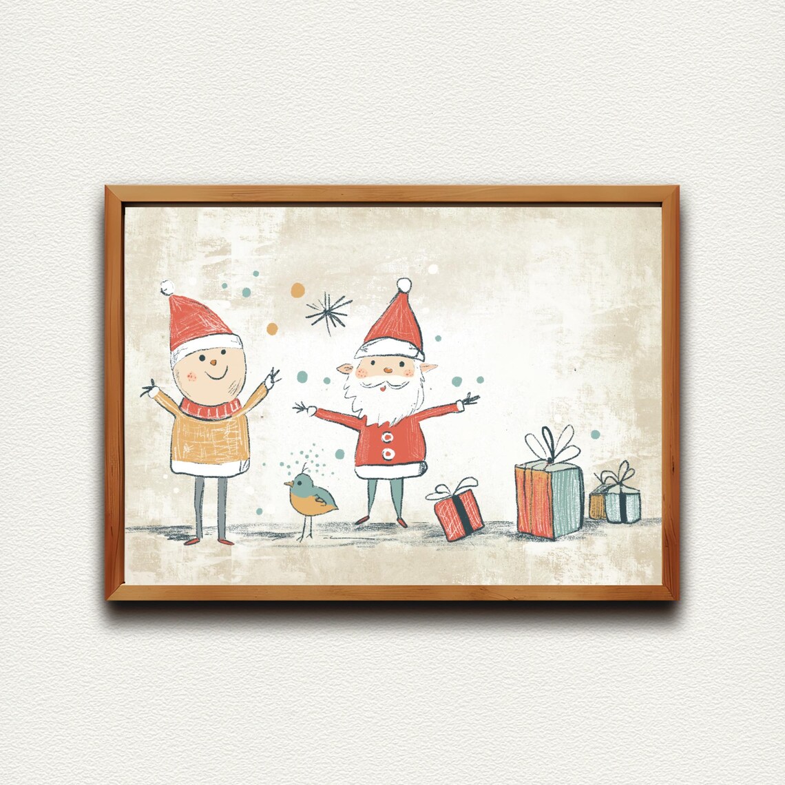 Watercolor Santa with Friend Gifts and Bird Cute Christmas Art Print - Image 4