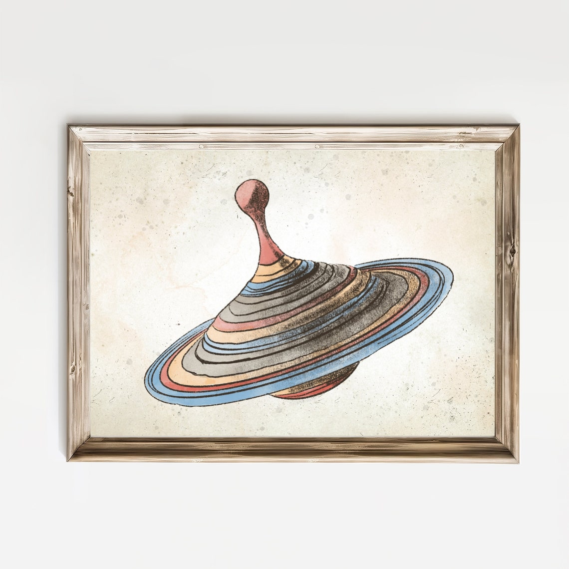 Vintage Striped Wooden Spinning Top Toy Nursery Sketch Poster