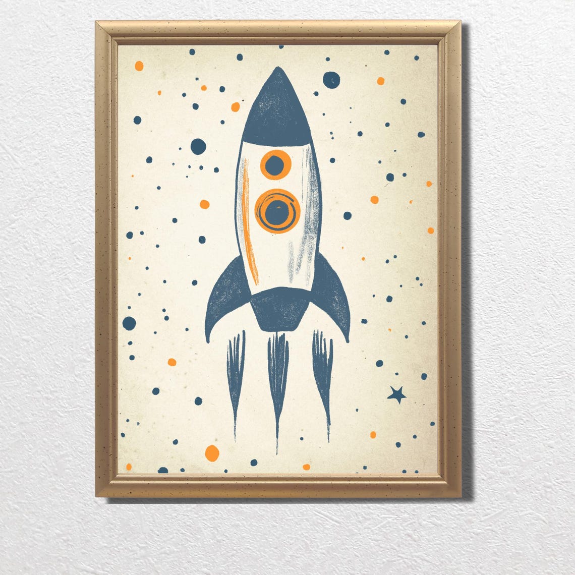 Vintage Navy Rocket Ship Stars Nursery Outer Space Decor Print - Image 3