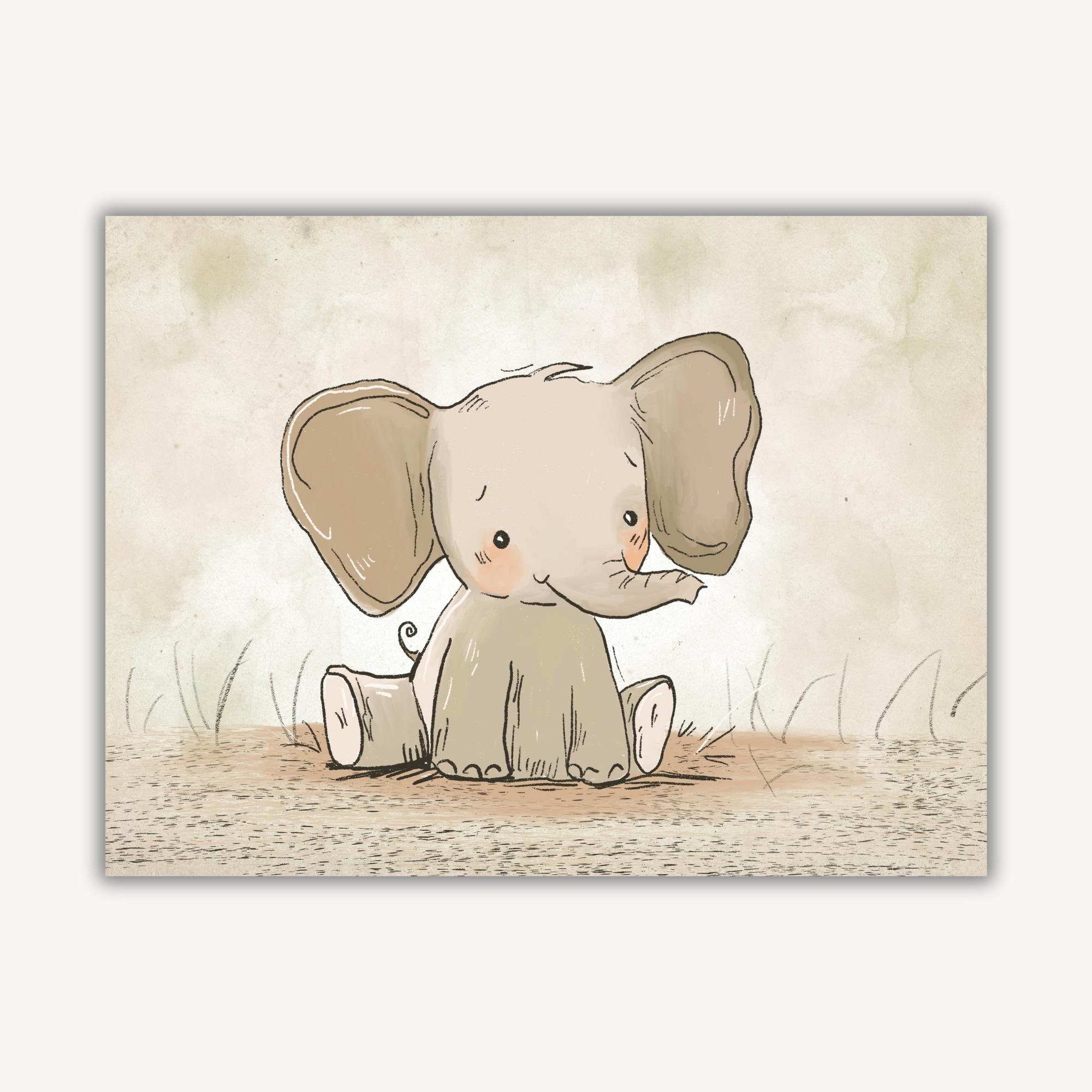 Baby Elephant Sitting In Nursery Neutral Animal Sketch Poster - Image 2