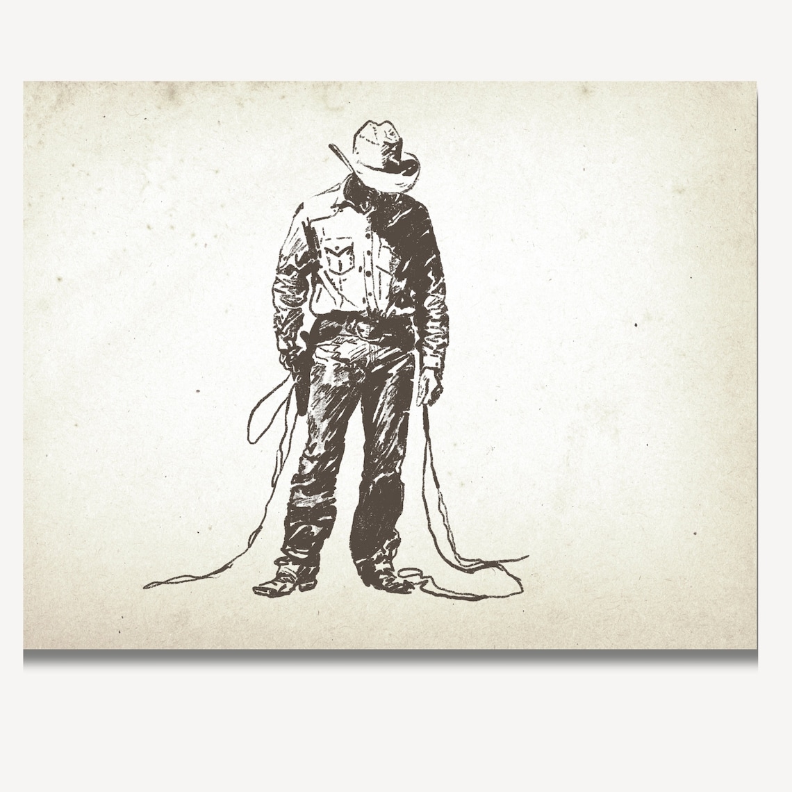 Standing Cowboy With Lasso Sketch Black Ink Western Art Poster - Image 2