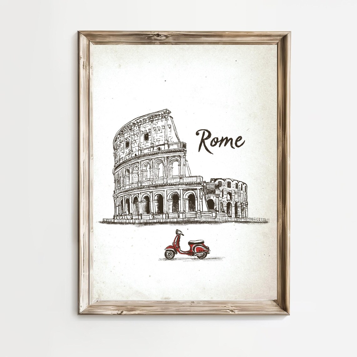 Rome Colosseum and Red Vespa Scooter Ink Sketch Italy Travel Poster