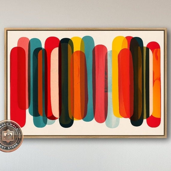 Bold Colorful Abstract Framed Wall Art Mid Century Inspired Painting Print Modern Geometric Wall Decor Large Art Poster Ready To Hang