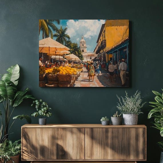 Cartagena Street Market Canvas Wall Art Vibrant Tropical City Scene With Fruit Baskets And Palm Trees