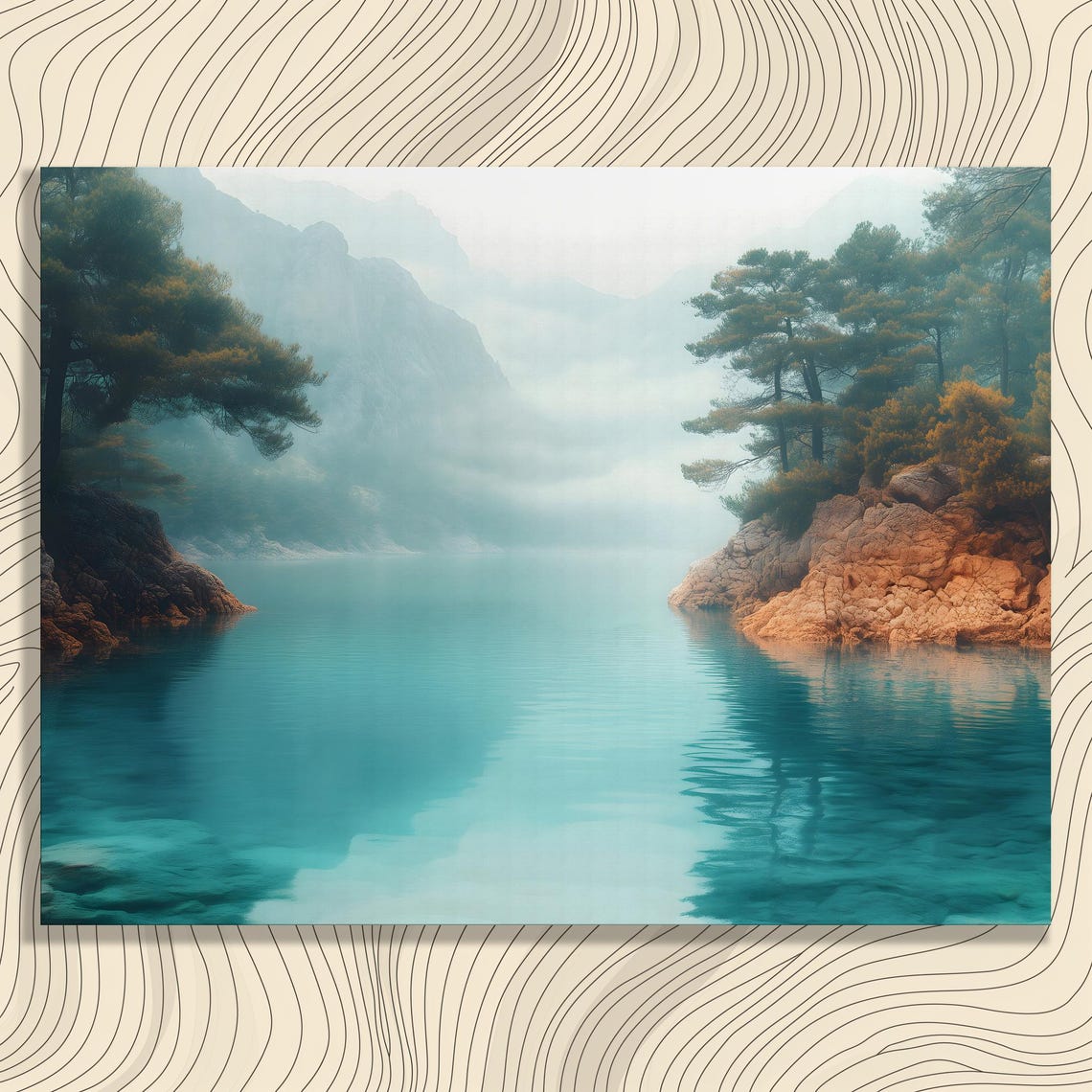 Misty Turquoise Lake Cove Pine Trees Rocky Shoreline Landscape Poster