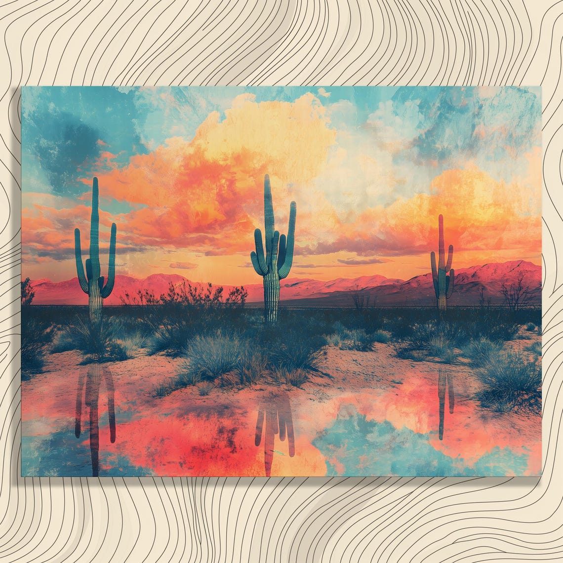 Saguaro Cactus Desert Sunset With Mirror Reflection Art Poster